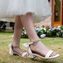 Coutgo Girls Dress Shoes Chunky Low Heels Sandals Bow Pearl Ankle Strap Flower Girl Wedding Party Shoes, White, size 3