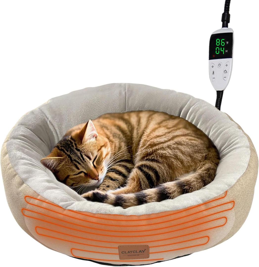 CLAYCLAY Heated Cat Bed, Round Heated Pet Bed for Indoor Cats, 20" Cozy with Timer & Temperature Adjustable, Non-Slip Bottom, Removable, Washable, Waterproof with Pet Heating Pad (One Size)
