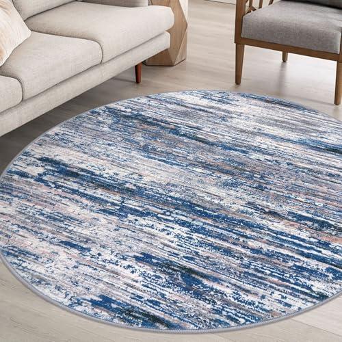 SIILOOM 6' Round Rug Washable Rug for Entryway, Navy Blue Gray Neutral Multi Soft Non-Slip Area Rugs Modern Abstract Low-Pile Carpet, Neutral Vintage Circle Rugs for Living Room Dining Bedroom Foyer