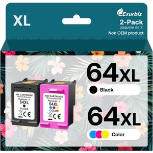 Exurbiz 64XL Ink Cartridges Combo Pack Replacement for HP 64 XL Remanufactured Envy Photo 7858 7855 7155 6255 6252 7120 6232 7158 7164 Inspire 7950e Tango Series Printer (1 Black, 1 Tri-Color)