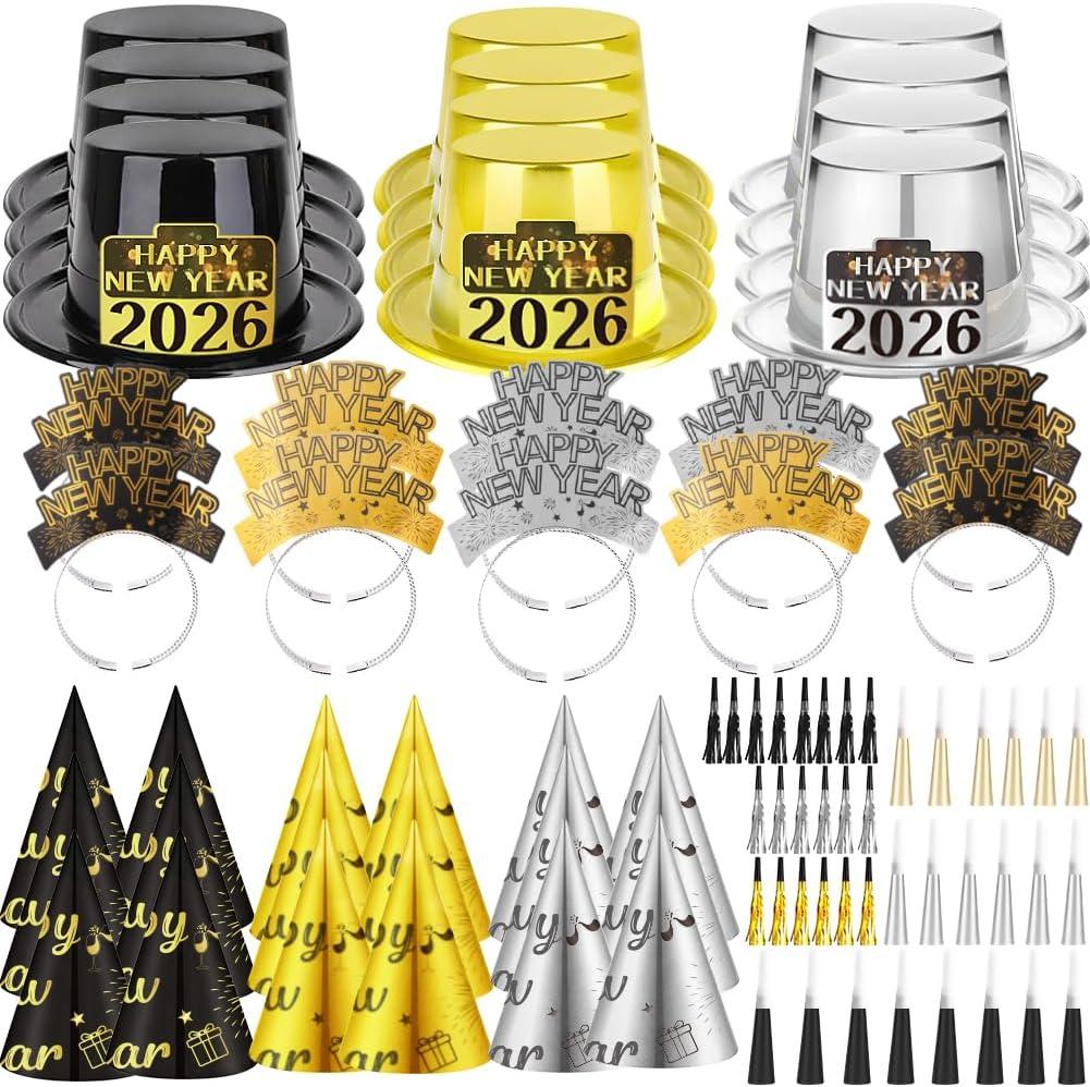 Upgraded Happy New Years Eve Party Supplies 2026 for 40 Guests, NYE New Year Decorations Hats Headband Cone Hats Party Noise Makers Tiaras, 80pcs New Year Party Favors Decor for NYE Party Accessories