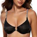 Wingslove Women's Front Closure Bra Sexy Sheer Mesh Satin Bra Plunge Unlined Underwire with Removable Shining Straps (Black), 36D