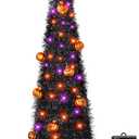 [Timer& Pumpkin] 5 Ft Black Tinsel Halloween Tree with 50 LED Orange Purple Lights, Pop Up Artificial Pencil Tree with Lantern Topper & 10 Jack-O Pumpkin Balls Ornaments for Halloween Decor Indoor
