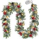 6FT Christmas Garland with Lights, Christmas Decor Pre-lit Artificial Pine Garland with Battery Operated Timer, Decorations Indoor Outdoor Home Holiday Flocked Garland for Mantel Window Stairs Wall (Style 1)