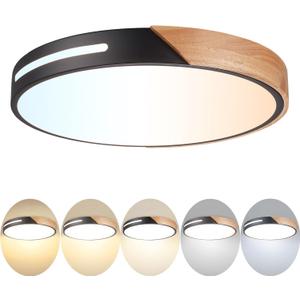 Wood Ceiling Light Flush Mount LED 36W, 16 inch Flush Mount Black, Kitchen Light Fixtures Ceiling Mount, Dimmable Close to Ceiling Light for Bedroom, Living Room, Bathroom
