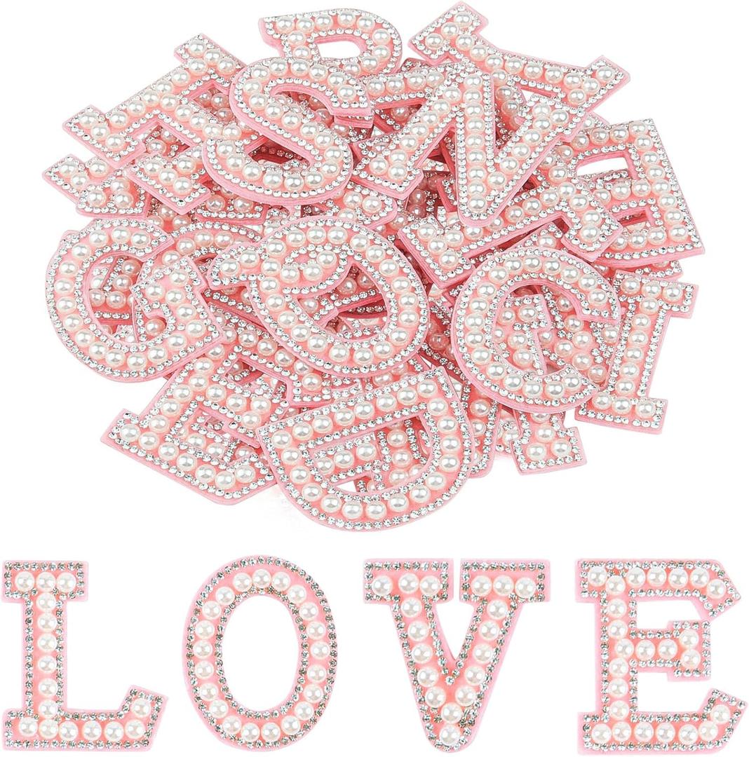 Morcheiong 52Pcs Pearl Rhinestone Letter Patches Self Adhesive A-Z, Stick on Pearl Letter Patches for Clothes, Fabric, Backpack (Pink) (52Pcs 1.8")