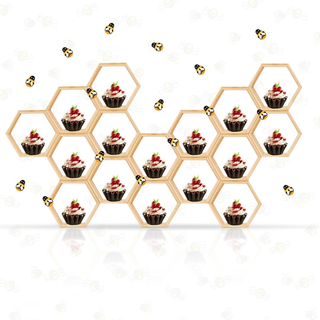 15 Pcs Hexagon Honeycomb Cupcake Stand, Wooden Cupcake Stand with 30 pcs Little Bee Decorations for Baby Shower and Boy/Girl Birthday Party