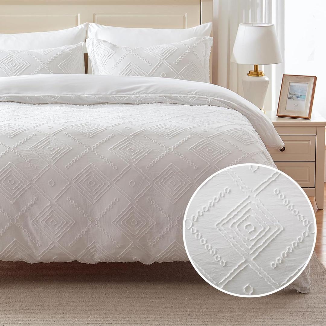 EMME White Boho Duvet Cover Twin, 2 Pieces Tufted Comforter Cover Set, Boho Embroidery Bedding Sets for All Seasons, 1 Duvet Cover + 1 Pillowcase (White, Twin)