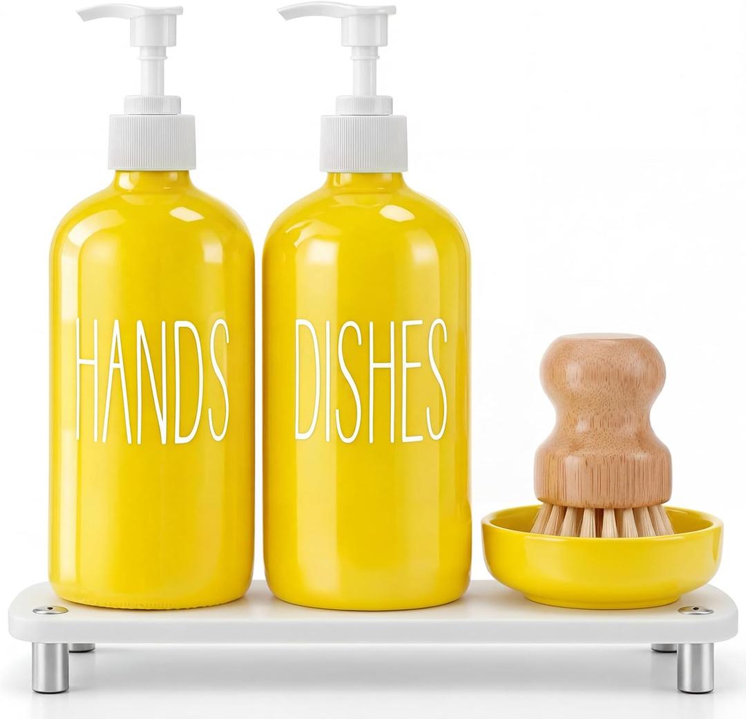 Yellow Kitchen Decor, 5 Pcs Hands Dishes Soap Dispenser Set Comes with Ceramic Brush Tray, Instant Dry Tray, and Dish Scrub Brush, Suitable for Kitchen Accessories (Word)