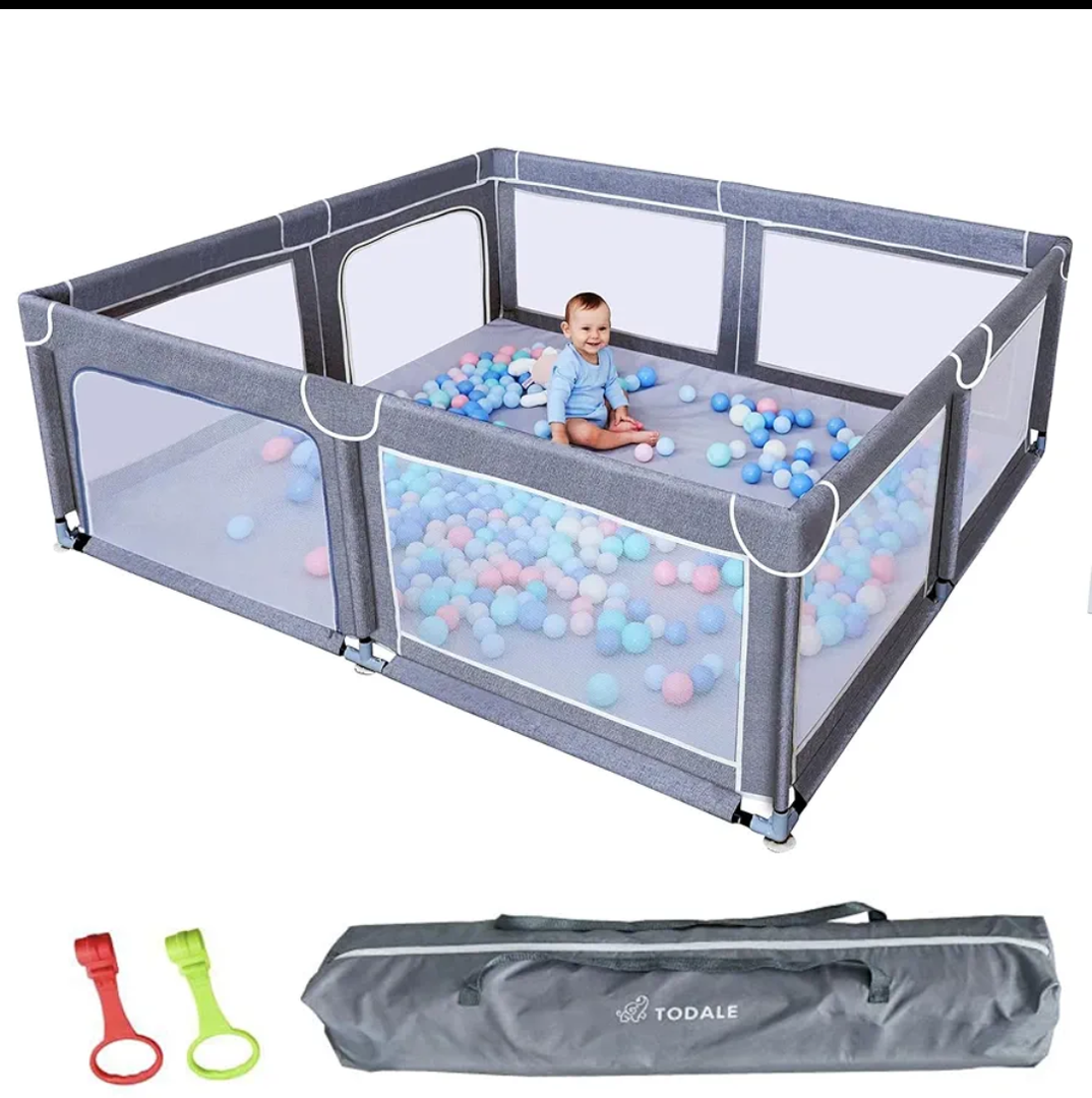 Todale Baby Play Yard - 70 x 59 in, Grey - Extra Large Mesh Playpen for Babies & Toddlers - Tear-Resistant Oxford Fabric & Suction Cup Feet - Breathable Zipper Gate & 360° Visibility