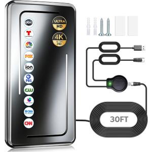 2025 Upgraded TV Antenna Indoor, 1900+ Miles Range Digital Antenna for Smart TV Indoor, HDTV Antenna for Local Channels with Amplifier Signal Booster, Support 8K 4K 1080p - 30ft Coax Cable (Black)