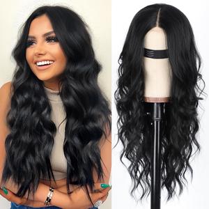 AISI HAIR Black Wig for Women, Long Wavy Lace Hairline Middle Part Synthetic Heat Resistant Wig for Daily Party-26 Inch (Black)