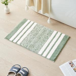 CozeCube Bath mats for Bathroom Non Slip, Fluffy Absorbent Microfiber Bath mat Washable, Aesthetic Bathroom Rugs, Small Sage Green Striped Bath mat, Sage Green, 24" x 16"