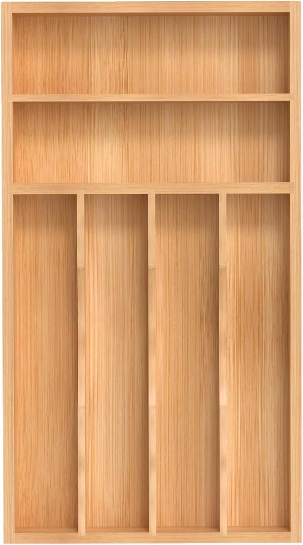 Silverware Organizer, Bamboo Kitchen Drawer Organizer, Utensil Holder, Cutlery Tray & Spoon Flatware Storage with Grooved Drawer Dividers (8.5''W x 15.5''D)