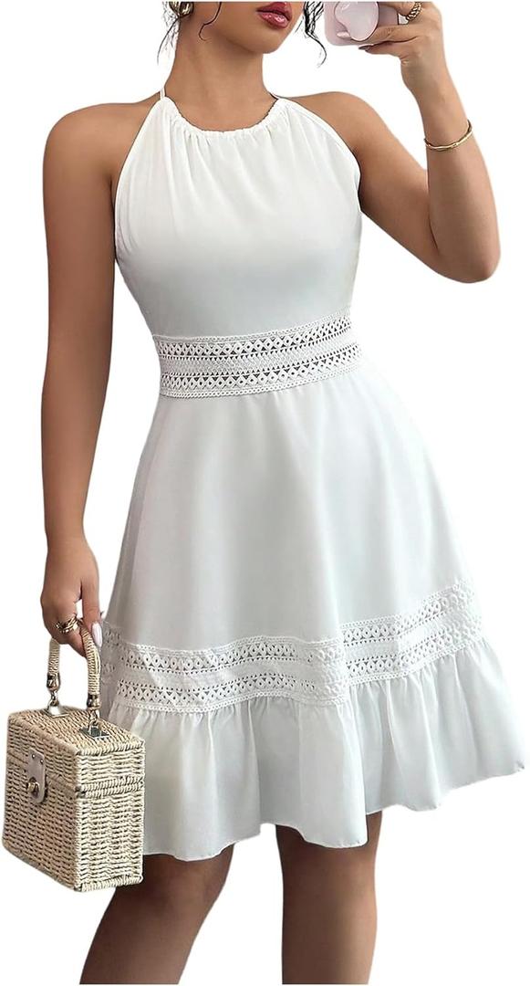 SweatyRocks Women's Ruffle Backless Lace Dress Halter Sleeveless Summer Dresses (Medium)