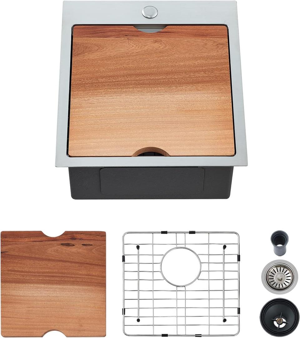 Kitchen Sink, 17 x 19 Inch Drop-in Bar Sink Stainless Steel Topmount Kitchen Sink Single Bowl Workstation Sink with Cutting Board