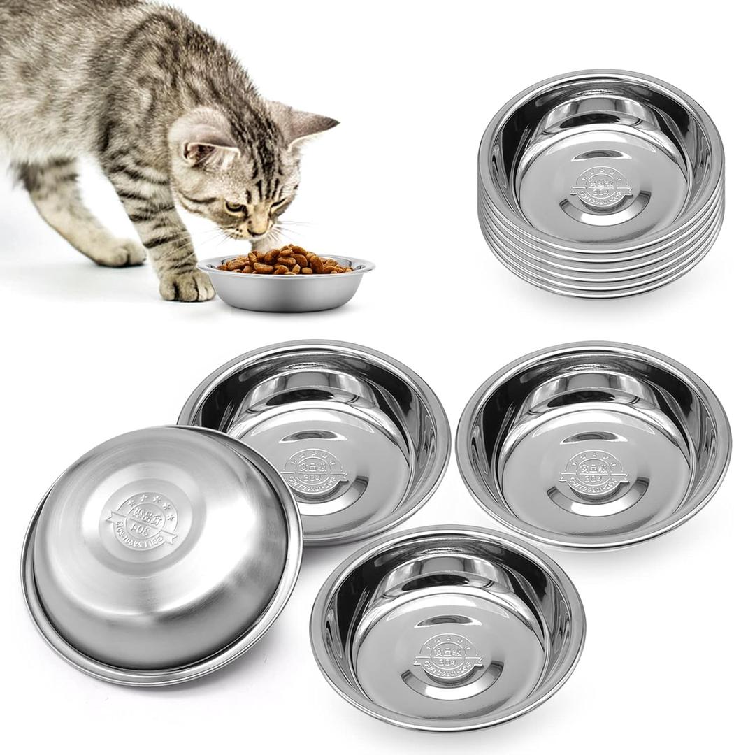 Stainless Steel Cat Bowl - Shallow Wide Flat Cats Food Bowls,Metal Kitten Dishes Whisker Friendly Fatigue Relief,Replacement Basic Kitty Plates for Elevated Stand,Dishwasher Safe Set of 12