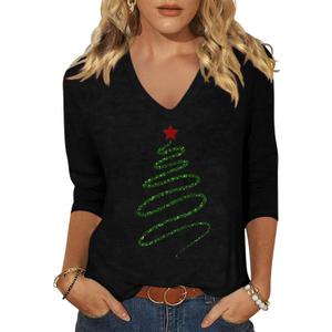 Womens Fall Shirts Halloween V Neck 3/4 Length Sleeve Pumpkin T-Shirts Thanksgiving Graphic Tee Tops (Large, 251116 Black)