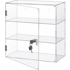 Barydat Acrylic Display Case with Lock Key Countertop Display Case Clear Showcase Display Cabinet Multi Functional Safe Storage Box for Retail Store (Fixed 3 Tier,15.7 x 15.7 x 7.8 Inch)