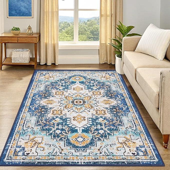 Smiry 8x10 Area Rugs for Living Room, Boho Chic Style Printed Rugs, Low Pile, Non-Shedding, Easy Care, Machine Washable Lightweight Floor Carpets Rugs for Bedroom, Dining Room, Home Office, Blue