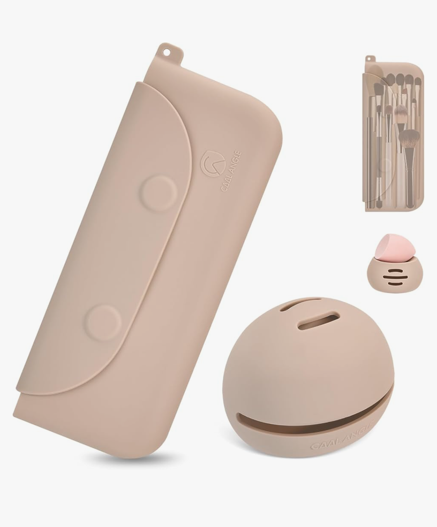 COOLANGLE Silicone Makeup Brush Holder And Beauty Sponge Case, Travel Makeup Brush Case With Magnetic Closure, Makeup Sponge Holder 2 In 1 Stand Storage For Quick Drying Pink