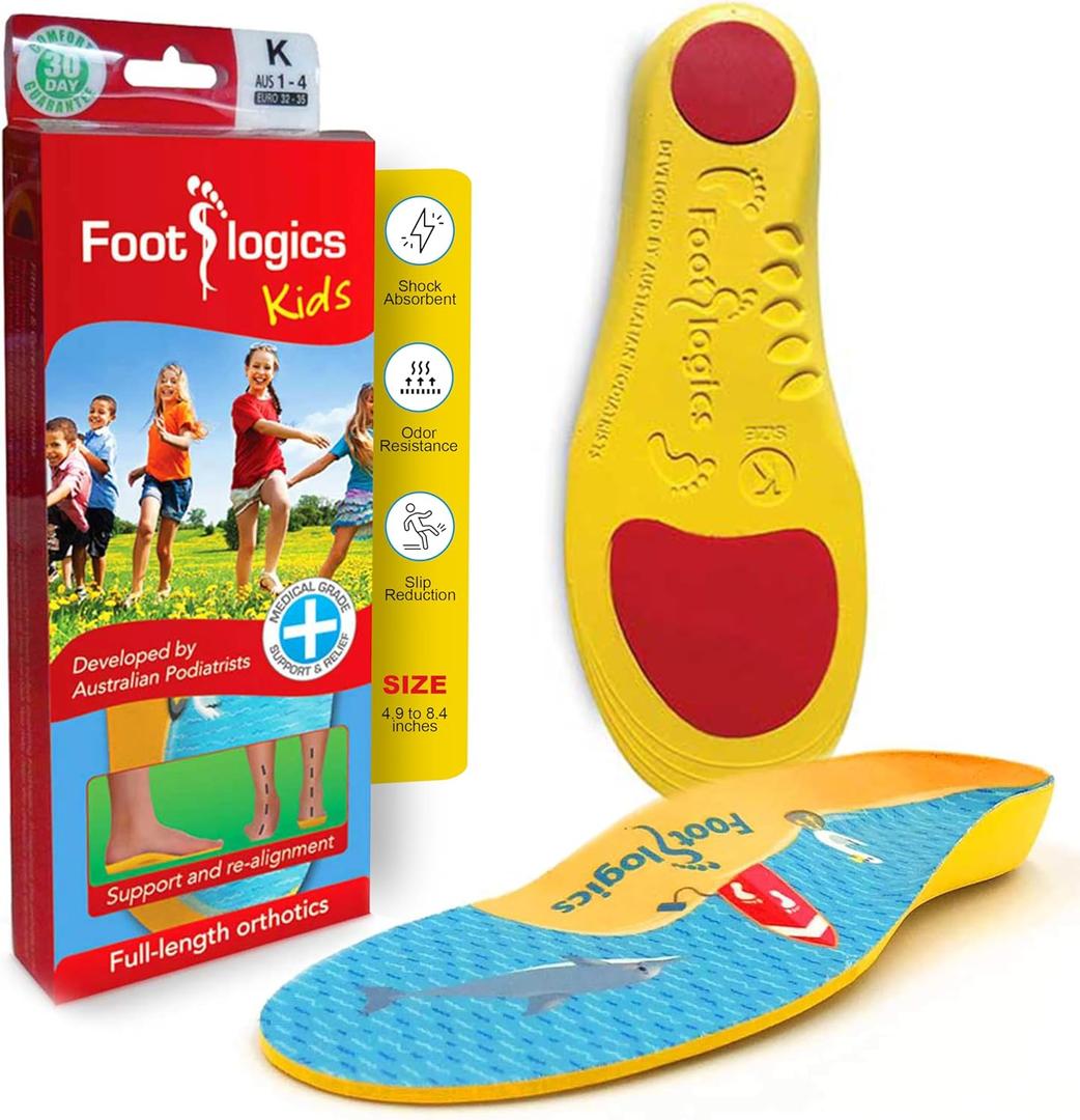 Footlogics Fun Kids Orthotic Shoe Insoles with Arch Support for Childrens Heel Pain (Severs Disease), Growing Pains, Flat Feet - Childrens, Pair (Toddler 5-7, Full Length - Yellow)
