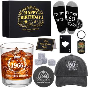 60th Birthday Gifts for Men Whiskey Glass Set of 12 Cool 1966 Birthday Gifts with Box Include Vintage 1966 Whiskey Glass Stones Baseball Cap Sock for Him, Dad, Husband, Friend