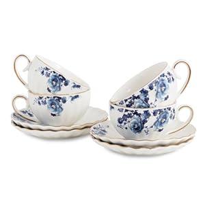 Agyiuns Tea Cup and Saucers, 6.4oz Floral Tea Cups with Gold Trim, Porcelain Bone China Teacup, Coffee Cappuccino Espresso Latte Mugs for Party Birthday, Christmas Gift (White with Blue Flower)