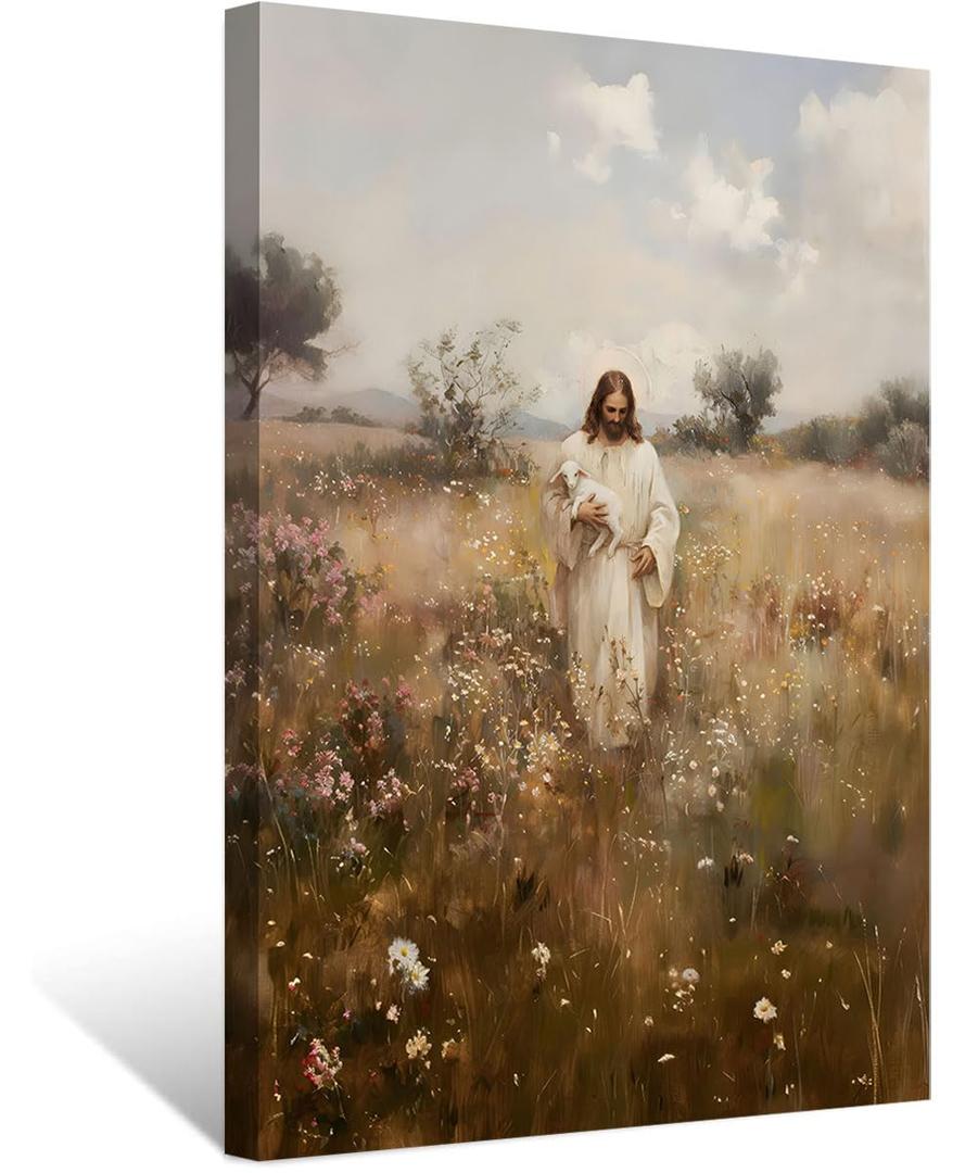 ZDMFLTPP Jesus and the Lamb Canvas Wall Art Jesus Holding the Lost Lamb Wall Decor Pictures Christian Bible Story Religious Artwork for Bedroom Living Room Home Decoration 16inx24in Canvas