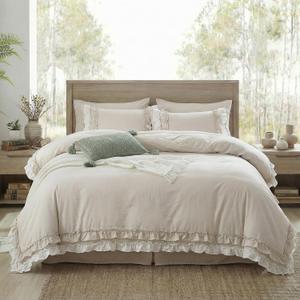 Bedorm Beige Duvet Cover Set Queen Ruffle Bedding Set Pleat Ruffled Shabby Chic Comforter Cover Extra Soft & Easy Care White Boho Duvet Cover with Zipper Closure (Cream)