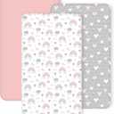 3 Pack Crib Sheets for Girls Fitted Crib Sheets for Standard Crib Mattress and Toddler Mattress, Ultra Soft Breathable Washable Polyester, 28x52inch, Pink & Grey Heart