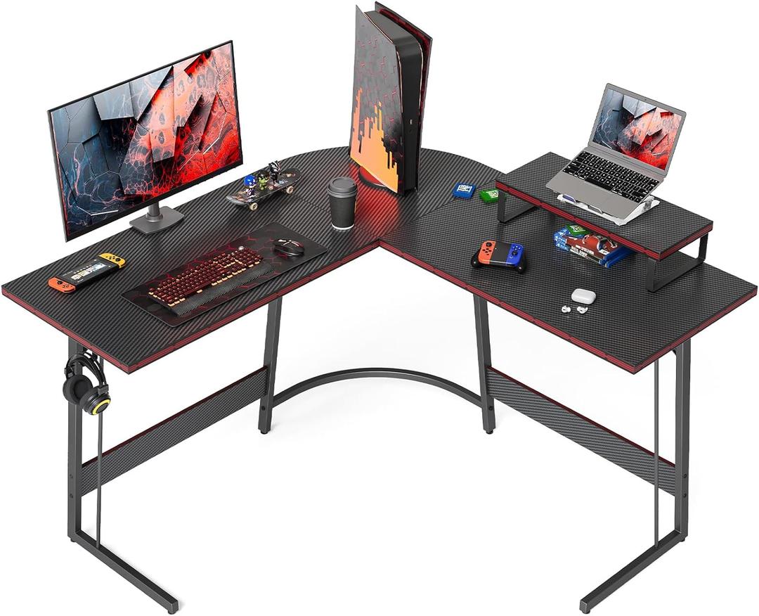 CubiCubi L Shaped Gaming Desk Computer Office Desk with Carbon Fiber Surface, 47 inch Corner Desk with Large Monitor Stand for Home Office Study Writing Workstation, Black Carbon Fiber