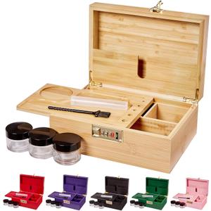 Lockable bamboo storage box with removable tray and partitioned wooden decorative storage box, including jars, brushesNatural Wood