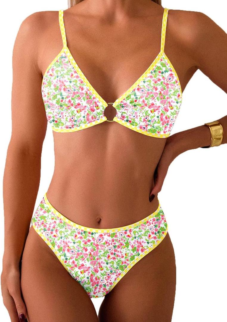 Tainehs Women's Two Piece Bikini Sets O Ring Front Top Ditsy Floral Triangle Swimsuits Cheeky Bathing Suit