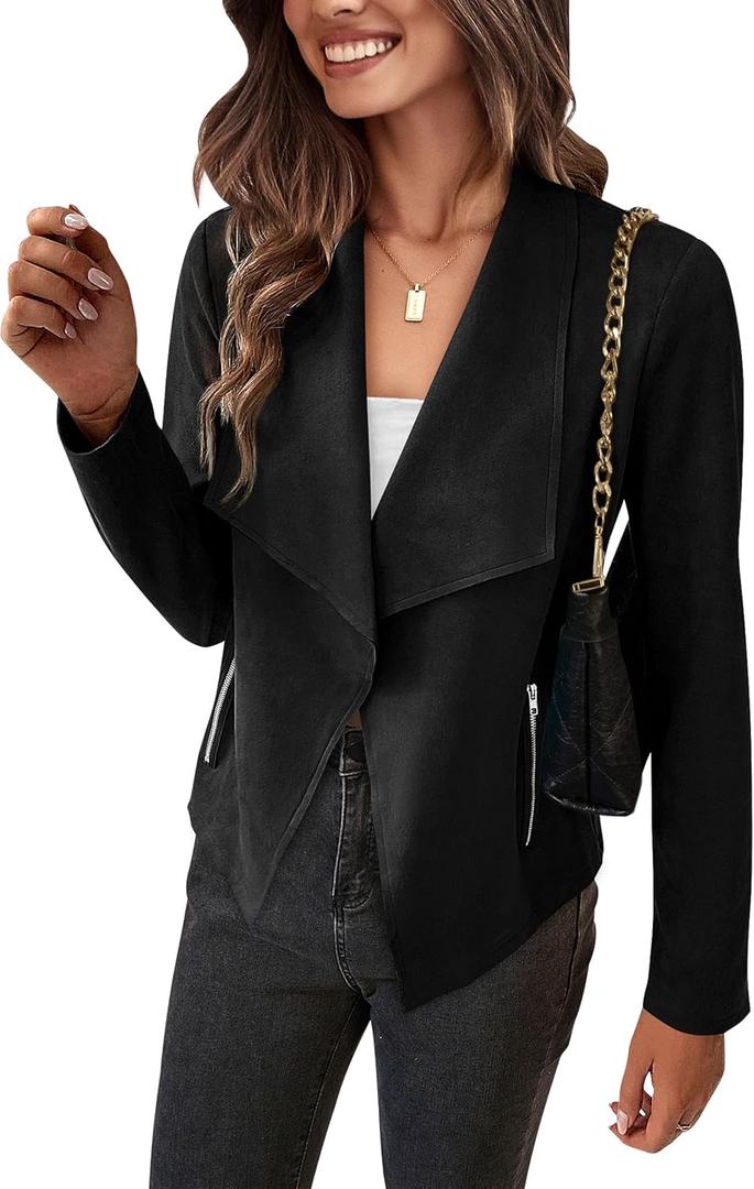 PRETTYGARDEN Women's Faux Suede Jackets 2026 Fashion Fall Clothes Long Sleeve Open Front Cropped Coat Outwear (Medium, Black)