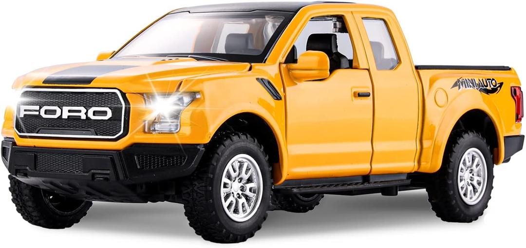 BDTCTK Compatible for 1:32 Ford Raptor F150 Pickup Truck Car Model, Diecast Pull Back Car Toy Car with Sound and Light for Kids Boy Girl, Metal Body, Yellow