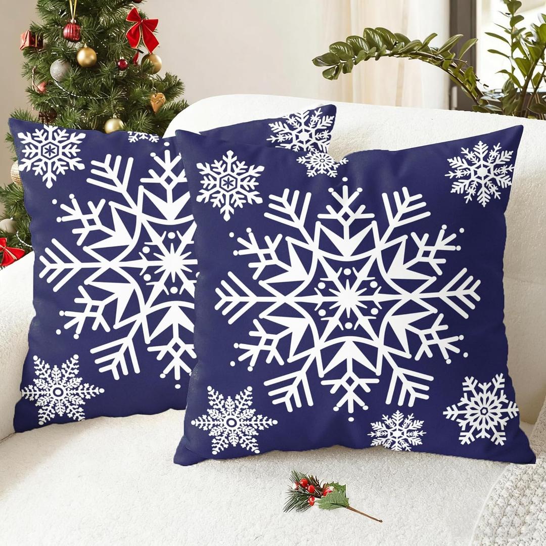 CaliTime Christmas Throw Pillow Covers Decorative 18 X 18 Inches Pack of 2 Cozy Fleece Snowflakes Cushion Cases for Couch Sofa Bed Living Room Navy Blue