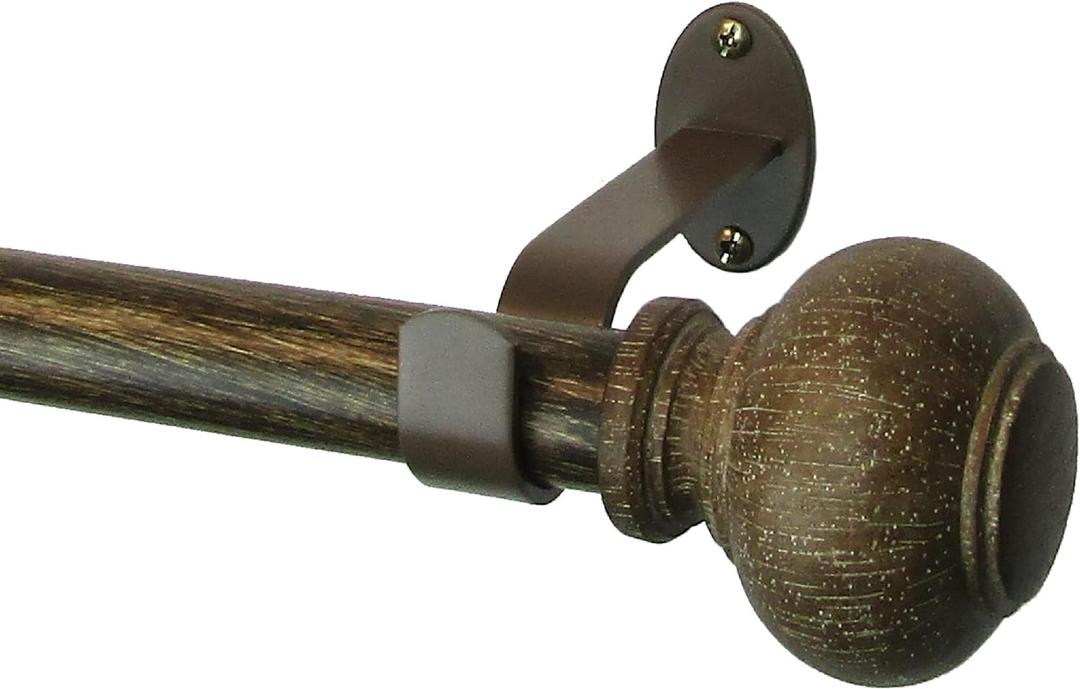 Elrene Home Fashions Rhinebeck Single Faux-Wood Curtain Rod, For Curtains and Drapery with Rustic Cap Finials, 1-Inch Diameter, 86"-120" Adjustable Rod, Antique Walnut