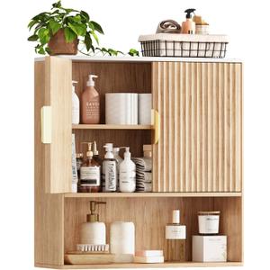 Bathroom Wall Storage Cabinet, Over the Toilet Storage Cabinet with Fluted Doors & Adjustable Shelf, Wood Medicine Cabinet Wall Mounted for Bathroom, Laundry Room & Kitchen, Natural Oak