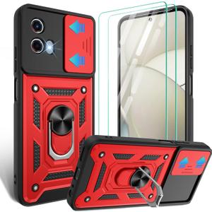 for Motorola G Power 5G 2024 Case with Screen Protector*2 with Slide Camera Cover, 360Rotation Ring Kickstand [Military Grade],Red