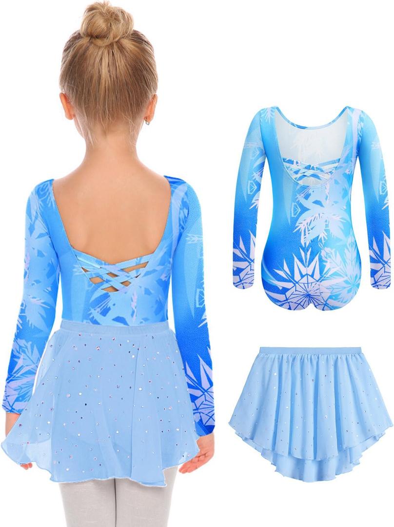 Zaclotre Girls Ballet Leotards Toddler Long Sleeve Crisscross Back Dance Dress Outfit with Removable Shiny Skirt Combo (3-4T, Blue Snowflake)