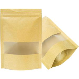 100 Pcs Kraft-Paper-Bags with Window, 5.5 x 7.9 inch Stand Up Zipper Pouches Bags, Zip Lock Food Storage Bag for Packaging Products, Reusable, Sealable