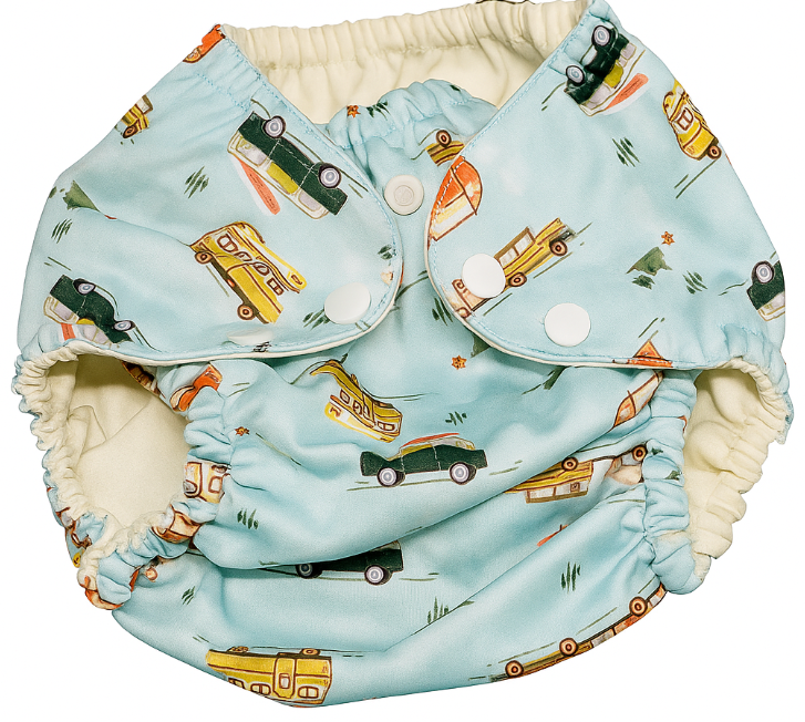 Esembly Cloth Diaper Cover - Reusable Swim Diaper, Waterproof, Breathable - Adjustable Outer Layer Over Absorbent Inner for Blowout Protection - Buses, Size 2 (18-35lbs)