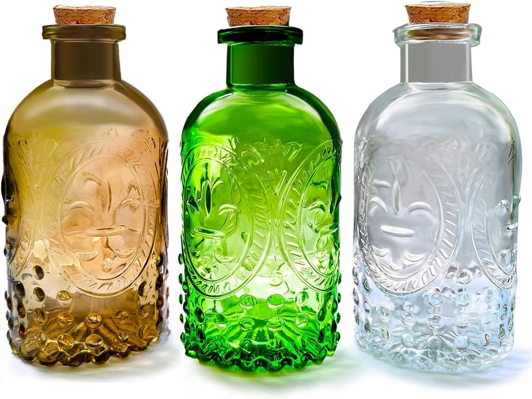 Small Clear Glass Apothecary Diffuser Decorative Bottles Vase Home Decorations Ornaments with Cork Lids ,Spice Container Spell Jars,Wedding Supplies, Set of 3 ,Antique /Vintage Style