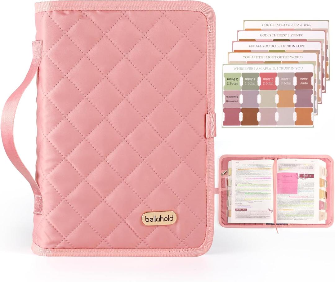 BellaHold Adjustable Bible Cover with 75 Bible Tabs - Bible Cover Case for WomenWaterproof, Washable Quilted Bible CaseReusable Christian Gifts for Women (Pink, L)