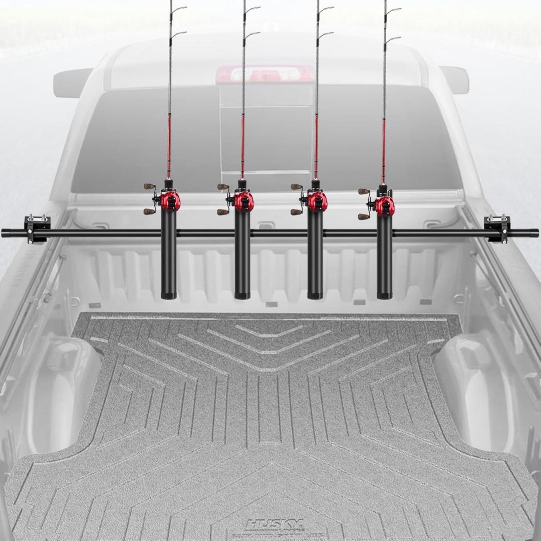 Fishing Rod Holder for Truck Bed, Adjustable Aluminum Rod Rack for Pickup Trucks with Top Side Tie-Down Anchors, No-Drill Fishing Pole Holder, Holds 4 Rods