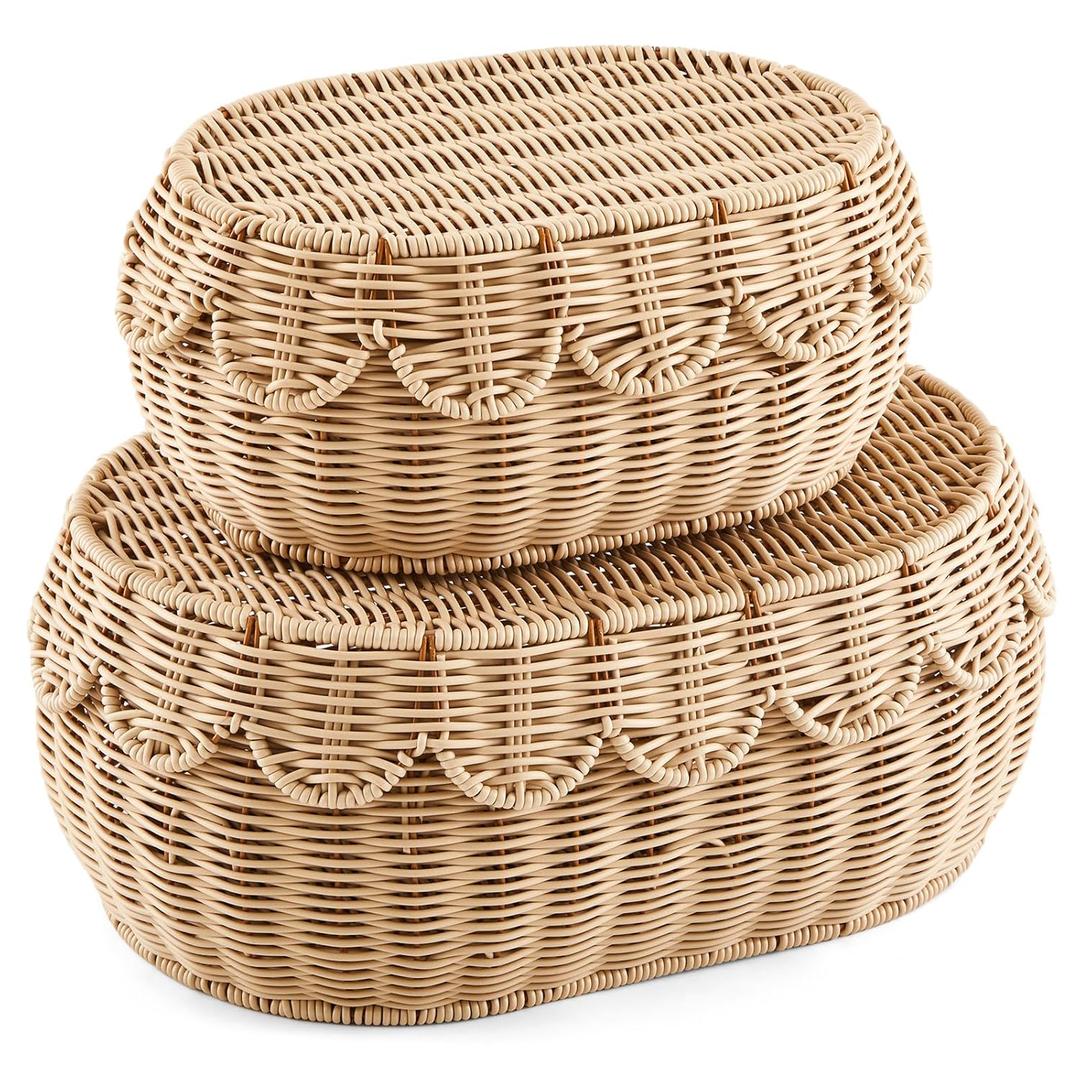 Juexica 2 Pcs Scalloped Rattan Baskets, Woven Rattan Wicker Storage Baskets with Lid for Nursery Storage diaper organizer Bathroom Decor(Natural)