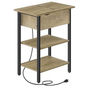 HOOBRO End Table with Charging Station, Narrow Side Table, Flip Top Nightstand with USB Ports and Outlets, Bedside Tables with Shelf for Small Spaces, Living Room, Sunwashed Ash Oak BHH341BZ01