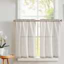 Vangao Stripe Farmhouse Kitchen Curtains 24 Inch Length Linen Blend Cafe Curtains Tickingstripe Tier Drapes Pinstripe Semi-Sheer Small Window Treatments Rod Pocket 2 Panels Taupe Grey on Beige