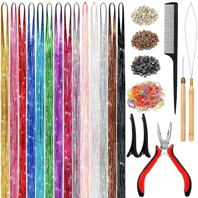 Hair Tinsel Kit (48 Inch, 14 Colors, 3500 Strands), Tinsel Hair Extensions with Tools, Heat Resistant Fairy Hair Tinsel Kit for Women Hair Accessories